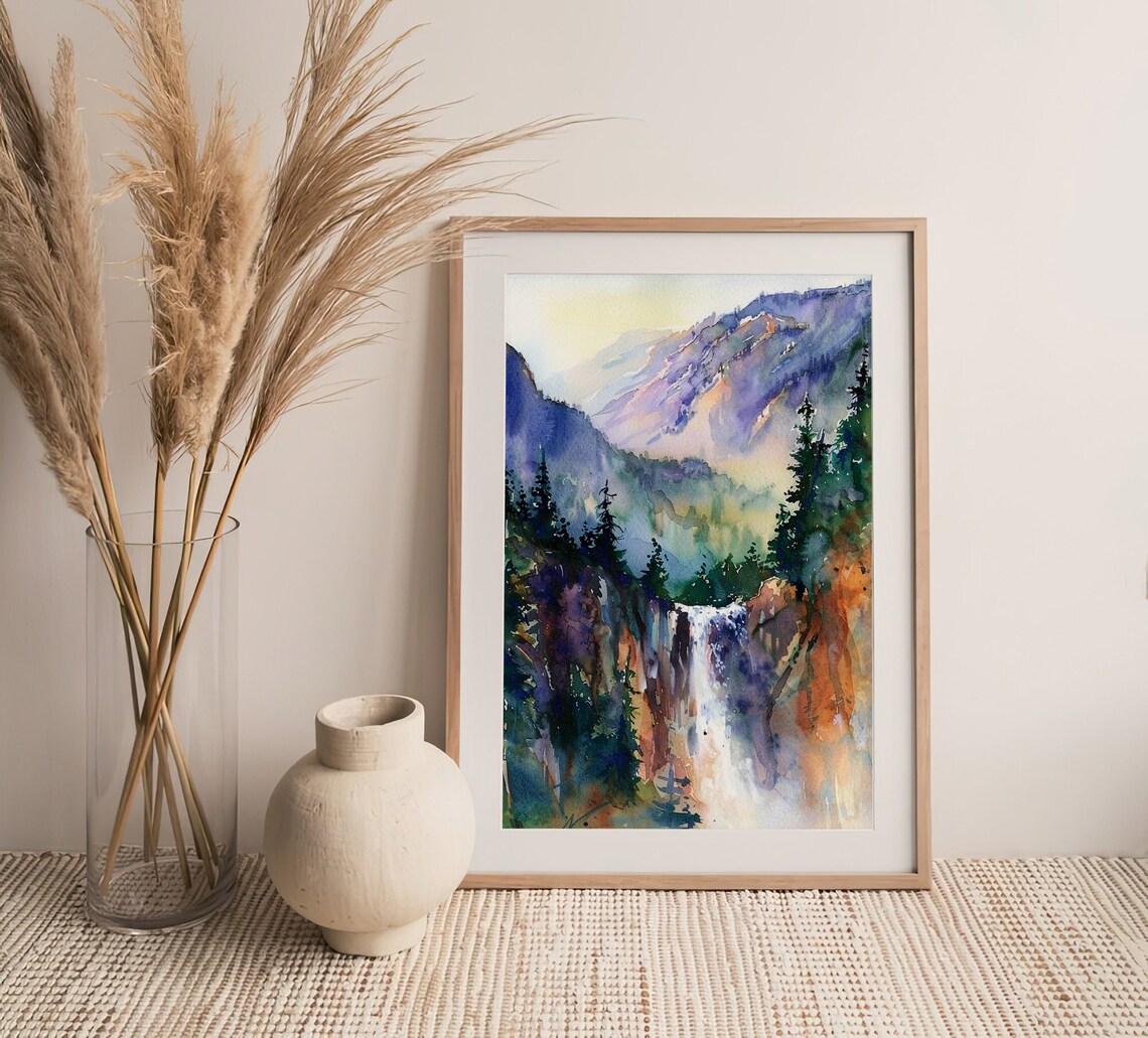 Yosemite Waterfalls Watercolor Art Print, Rustic - Image 3