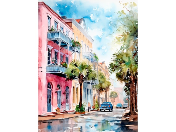 Rainbow Row Watercolor Travel Poster, Charleston
