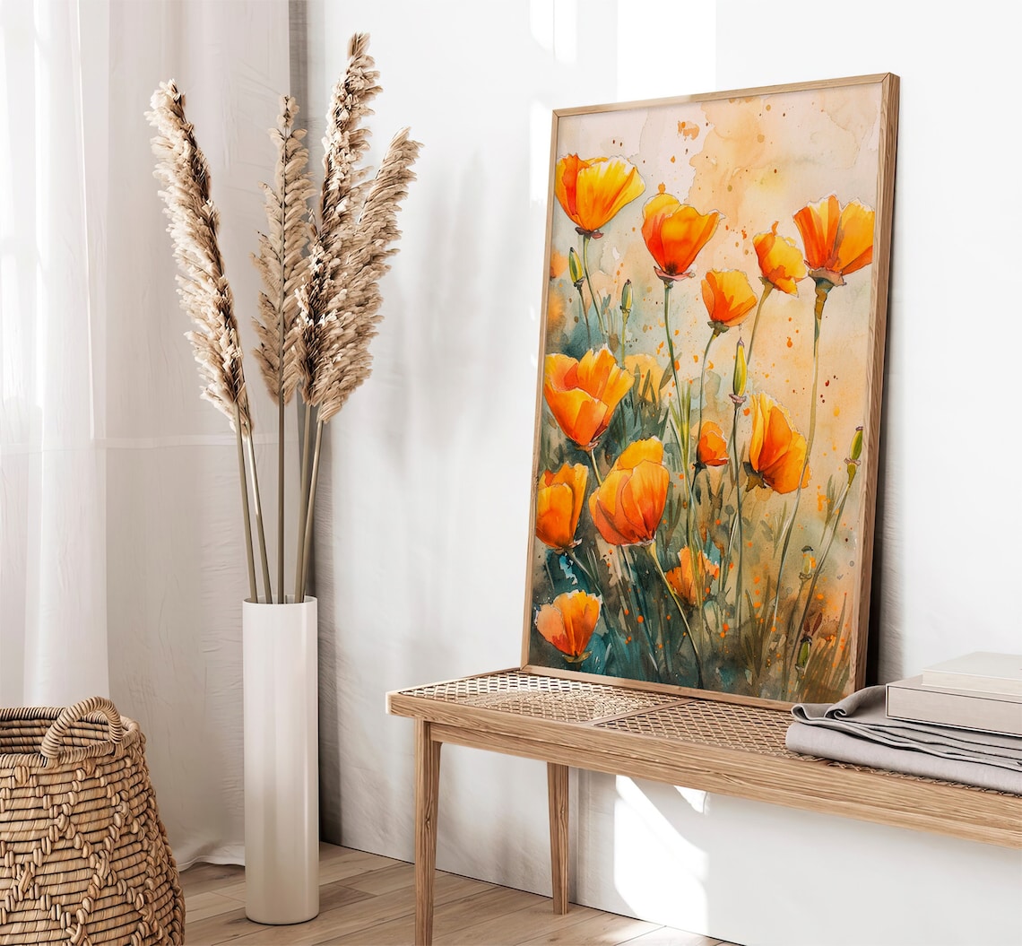 California Poppy Flowers Watercolor Art Print - Image 2