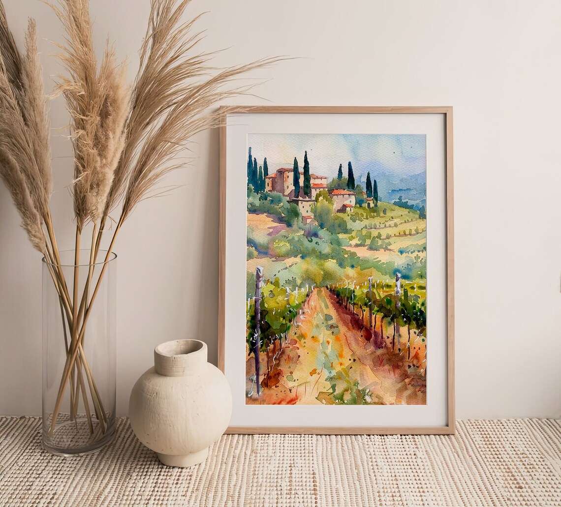Tuscany Vineyard Watercolor Art Print, Italian Countryside - Image 3