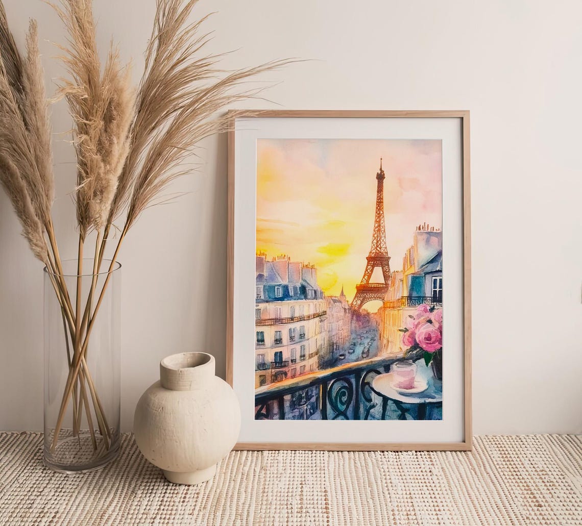 Paris Eiffel Tower Sunrise Balcony Watercolor Romantic Art Print - Image 4