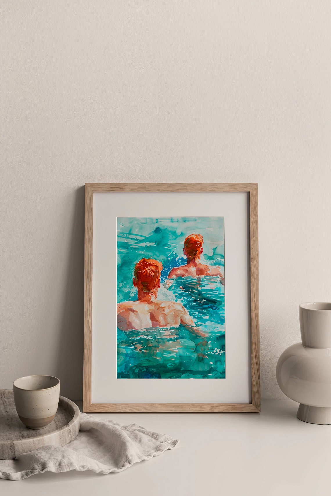 Two Red Haired Men Swimming Turquoise Sea Watercolor Summer Poster - Image 3