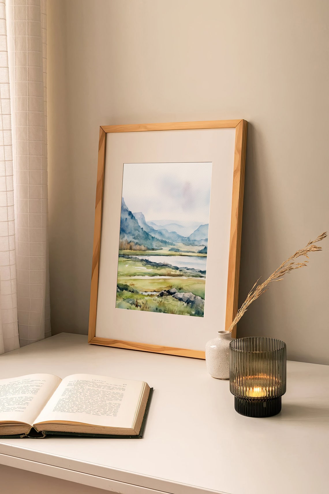 Tranquil Green Valley Watercolor Misty Mountains Lake Landscape Print - Image 2