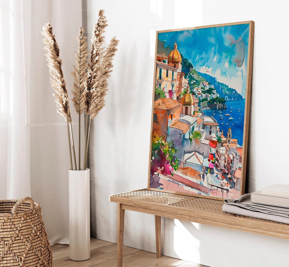 Positano Church Domes Amalfi Coast Watercolor Italy Seaside Poster - Image 2