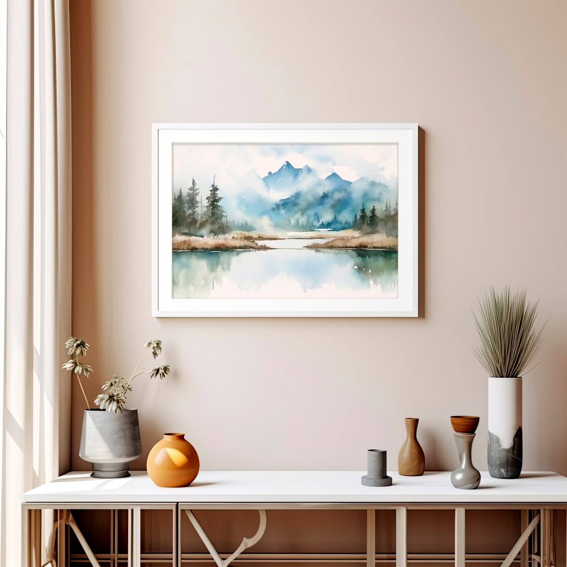 Foggy Rocky Mountain Lake Mist Blue Watercolor Landscape Art Print - Image 5