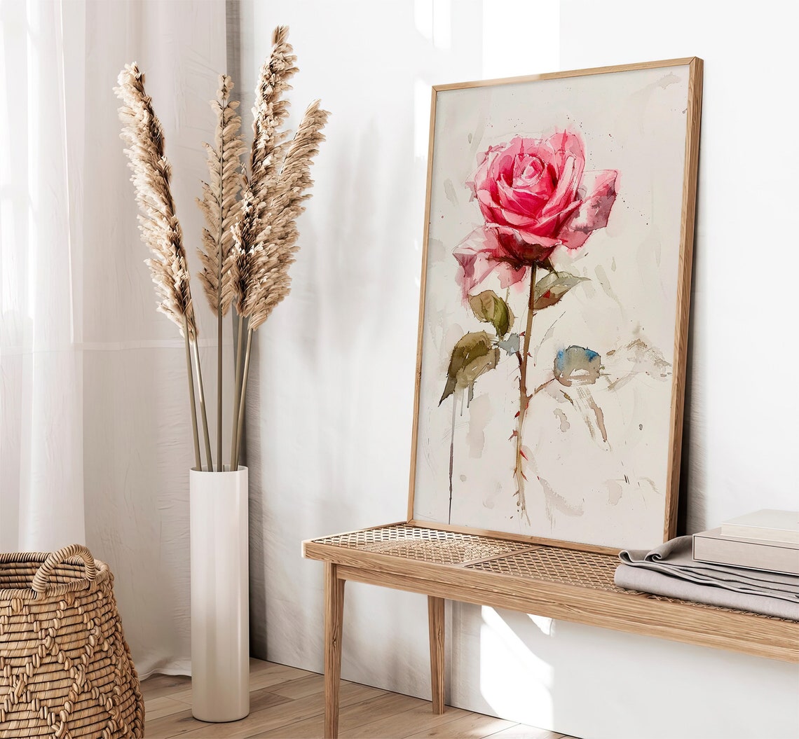 Pink Rose Watercolor Single Flower Minimalist Botanical Art Poster - Image 3