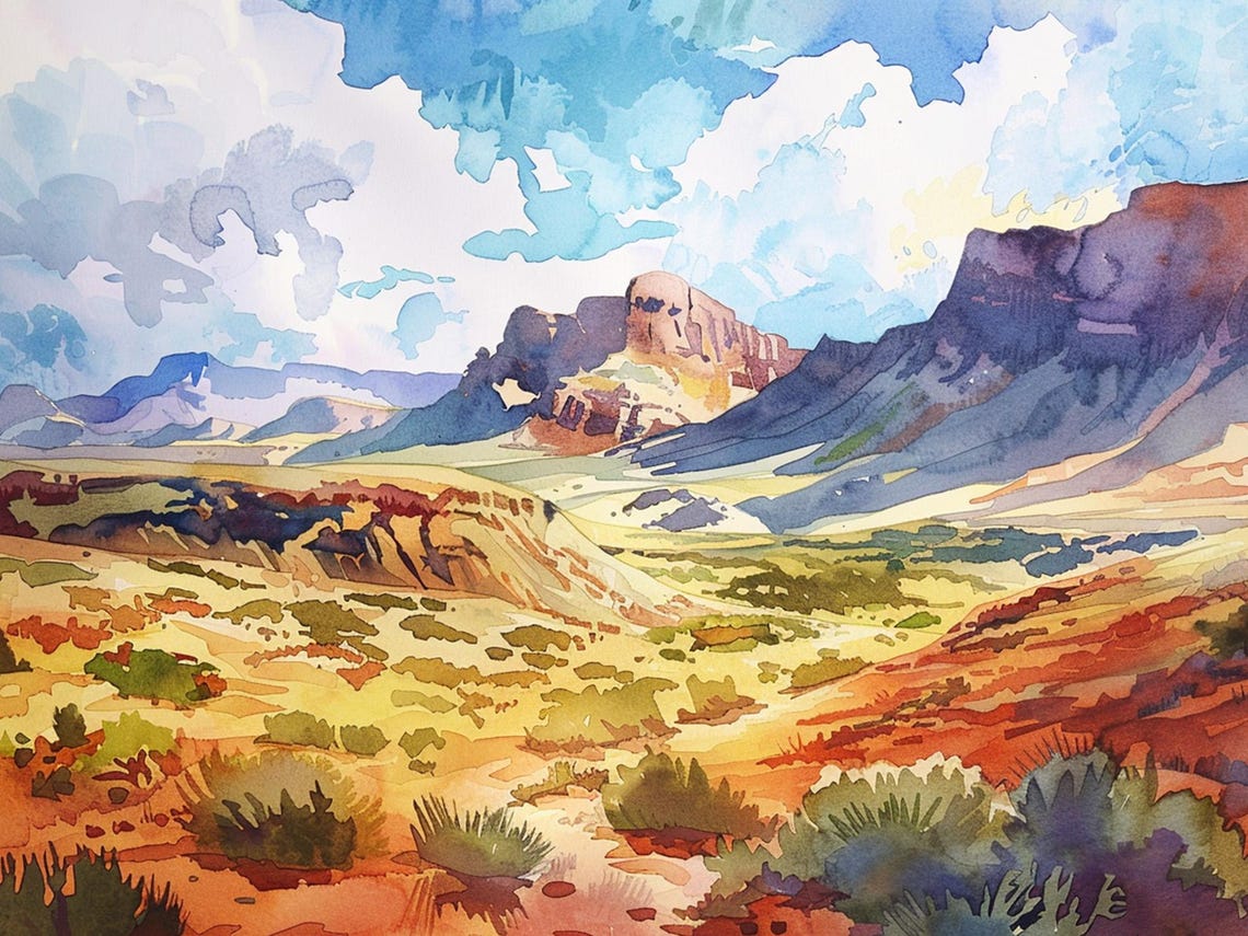 Golden Scenic Big Bend Texas Desert Mesa Canyon Watercolor Poster