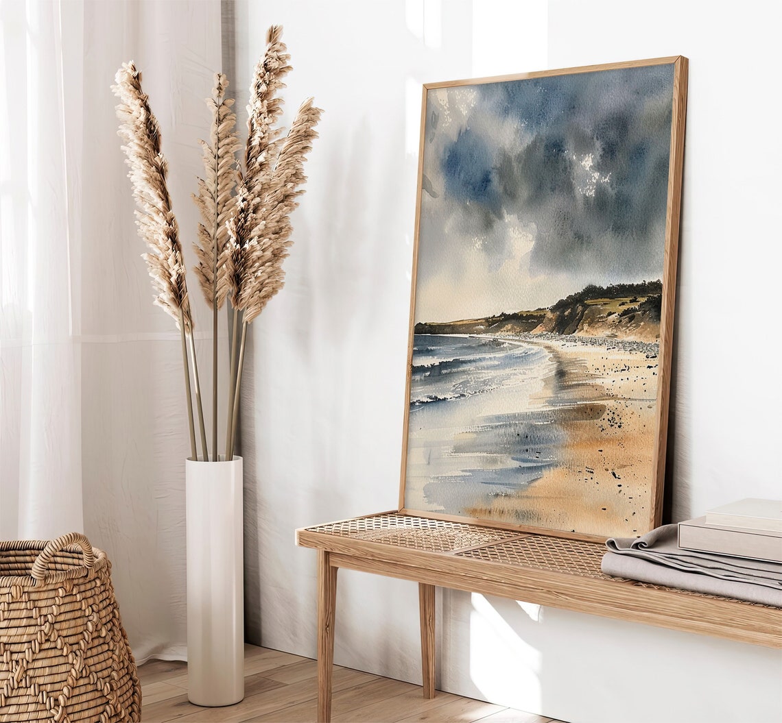 Cornwall Coastline Watercolor Sandy Beach Waves Headland Poster - Image 2