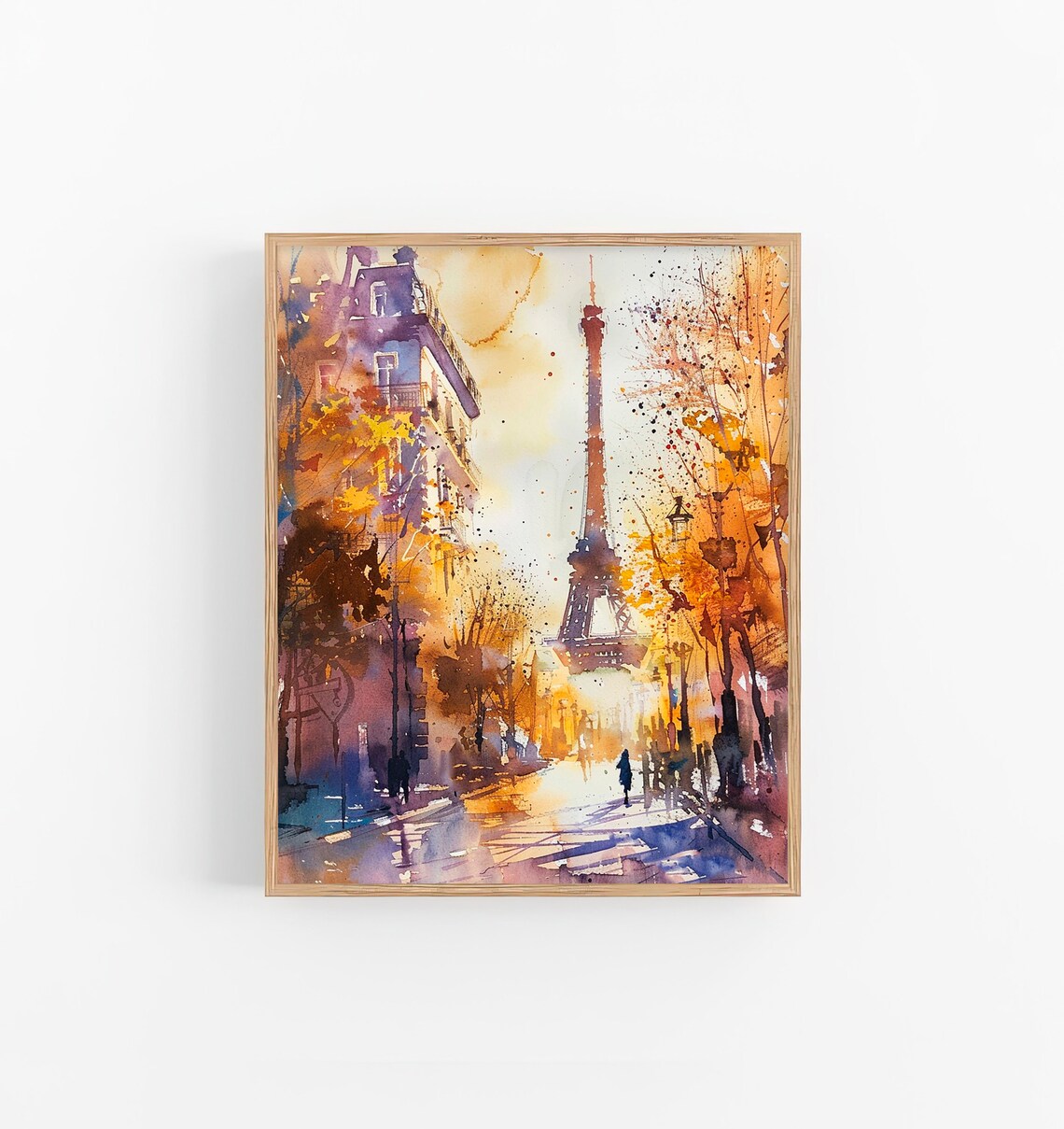 Eiffel Tower Golden Autumn Paris Street Sunset Glow Watercolor City Poster