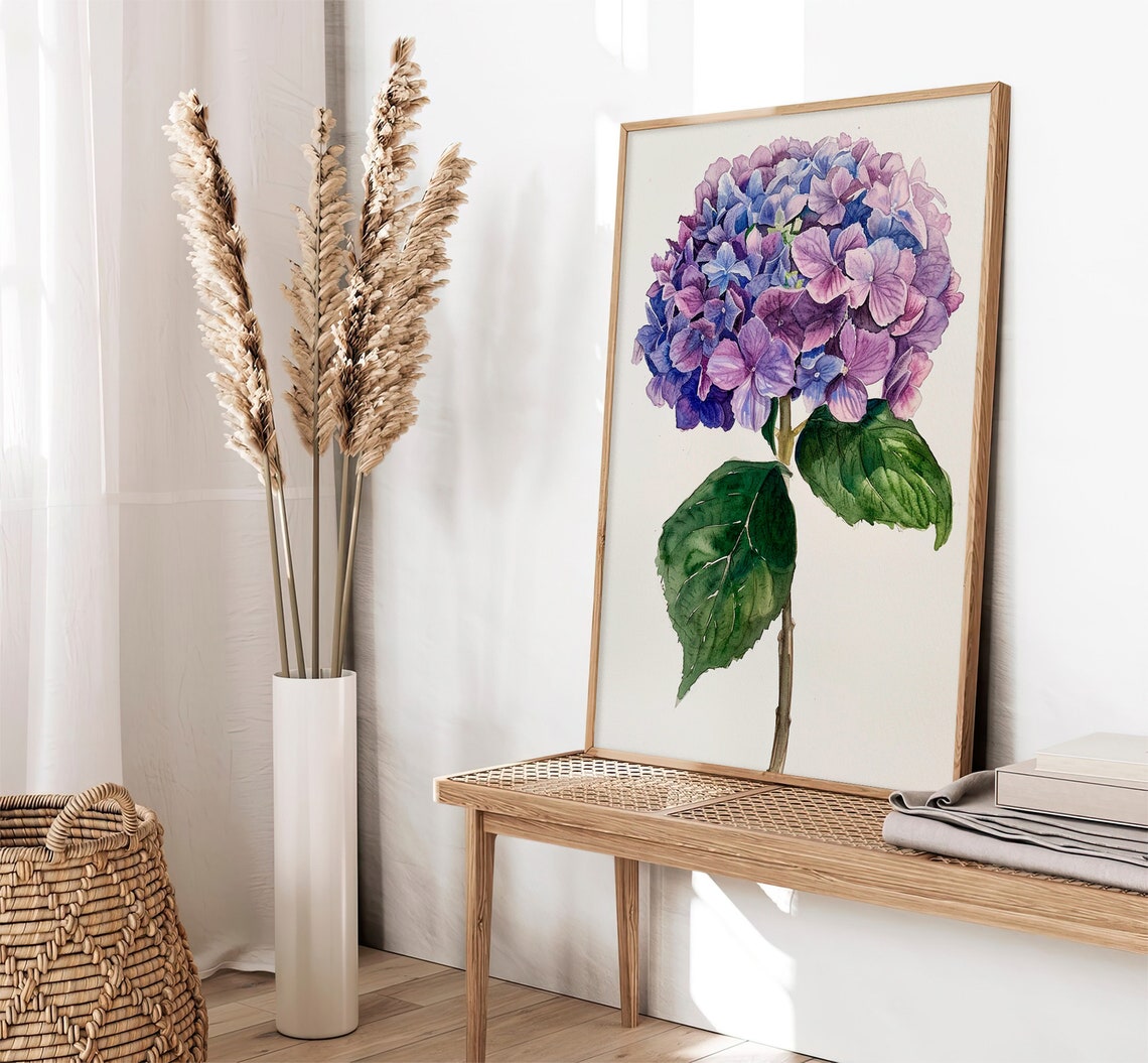 Hydrangea Watercolor Purple Blue Bloom Botanical Single Stem Poster - Image 3