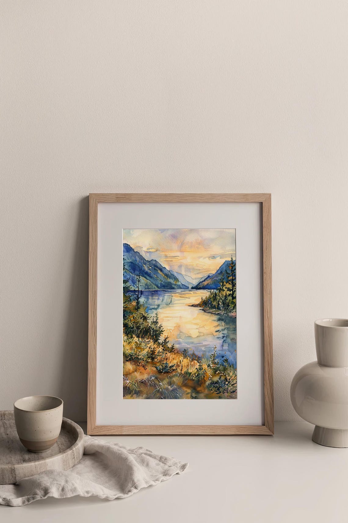 Stunning Columbia River Gorge Golden Lake Sunset Watercolor Poster - Image 3