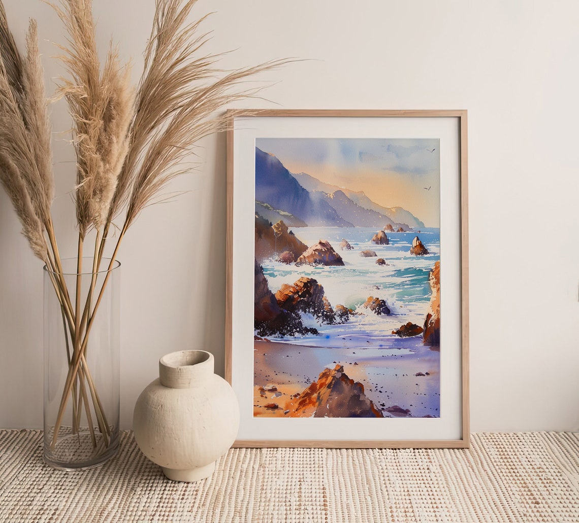 Big Sur Rocky Coastline Sunset Waves Watercolor Seascape Poster - Image 3