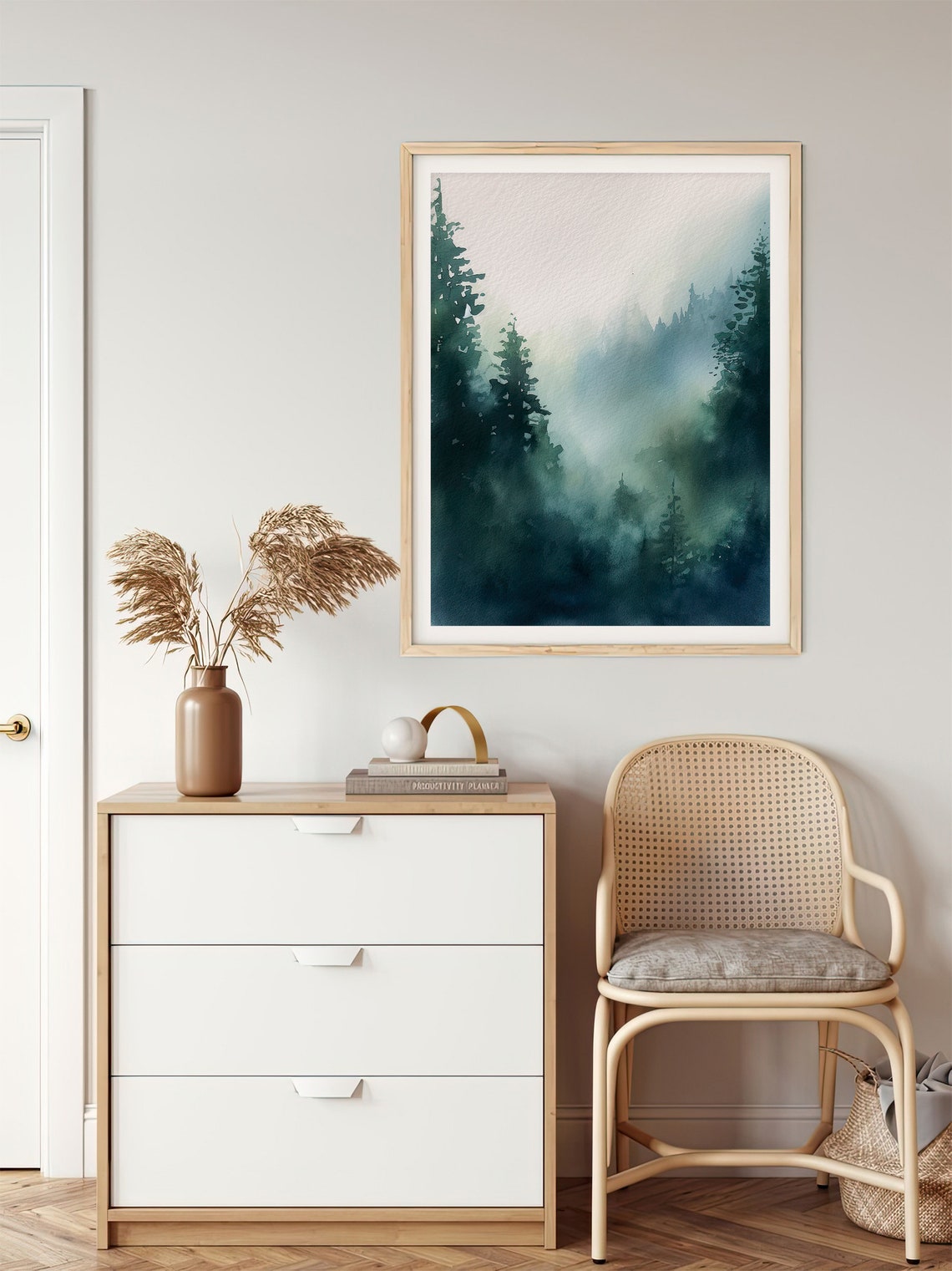 Stunning Teal Foggy Pine Forest Mountain Mist Watercolor Poster - Image 5