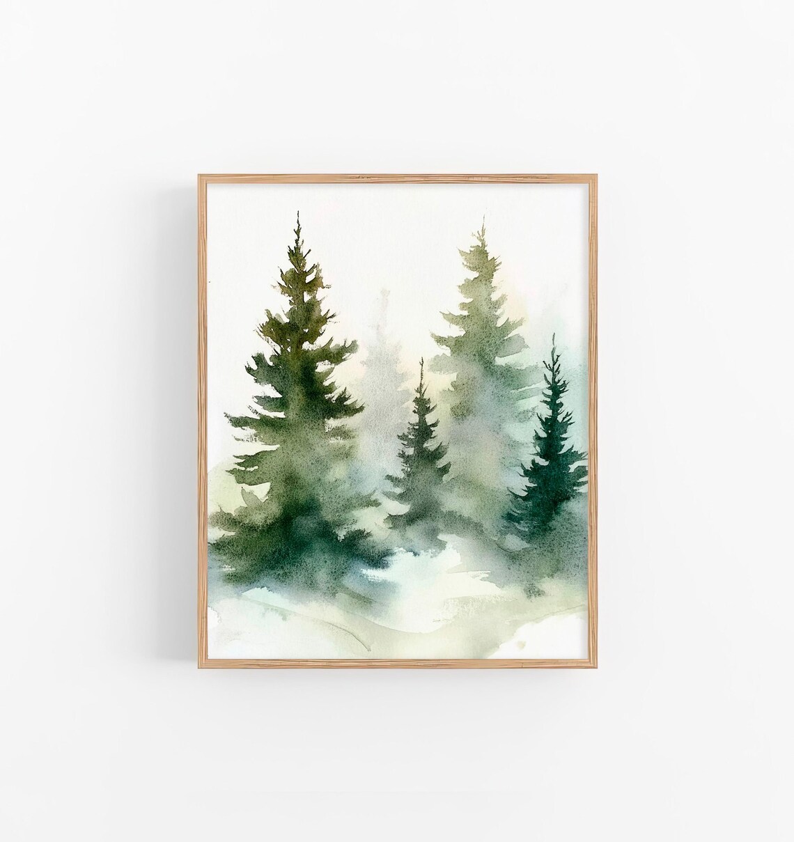 Foggy Pine Trees Watercolor Print, Minimalist Forest