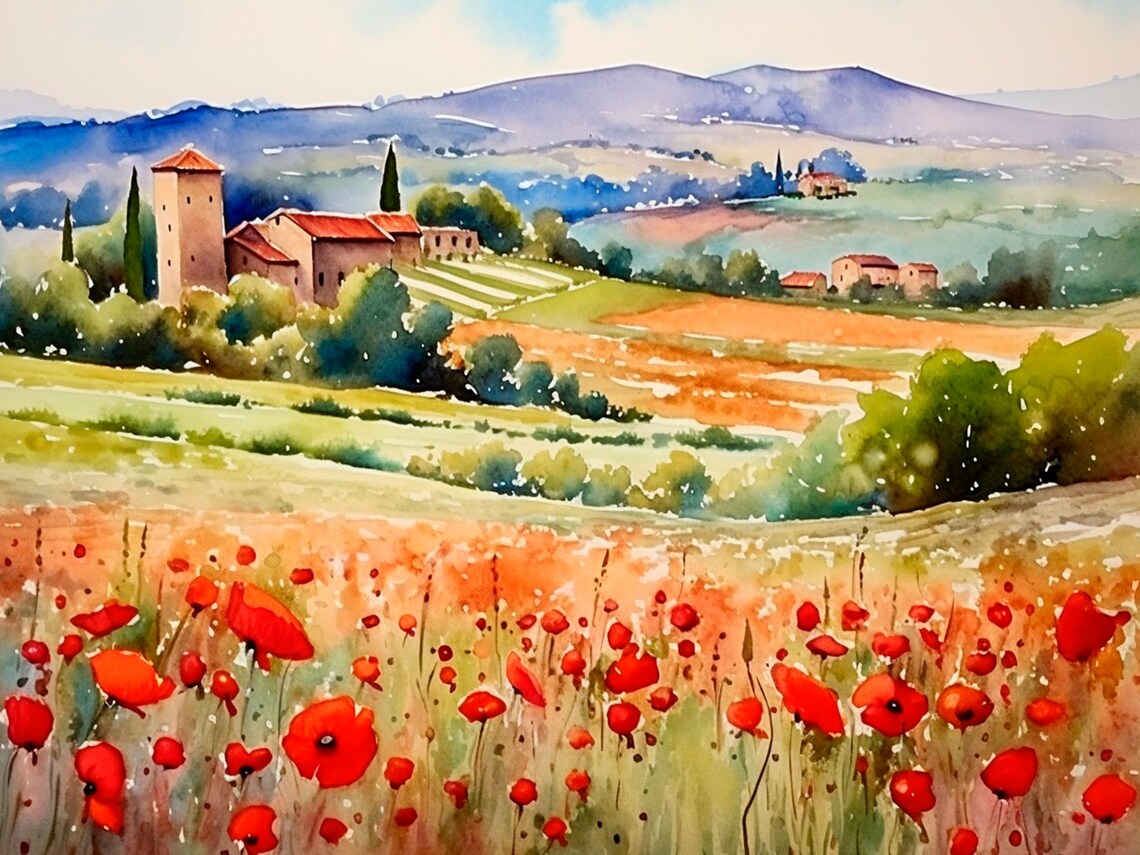 Italian Countryside Watercolor Art Print, Tuscany