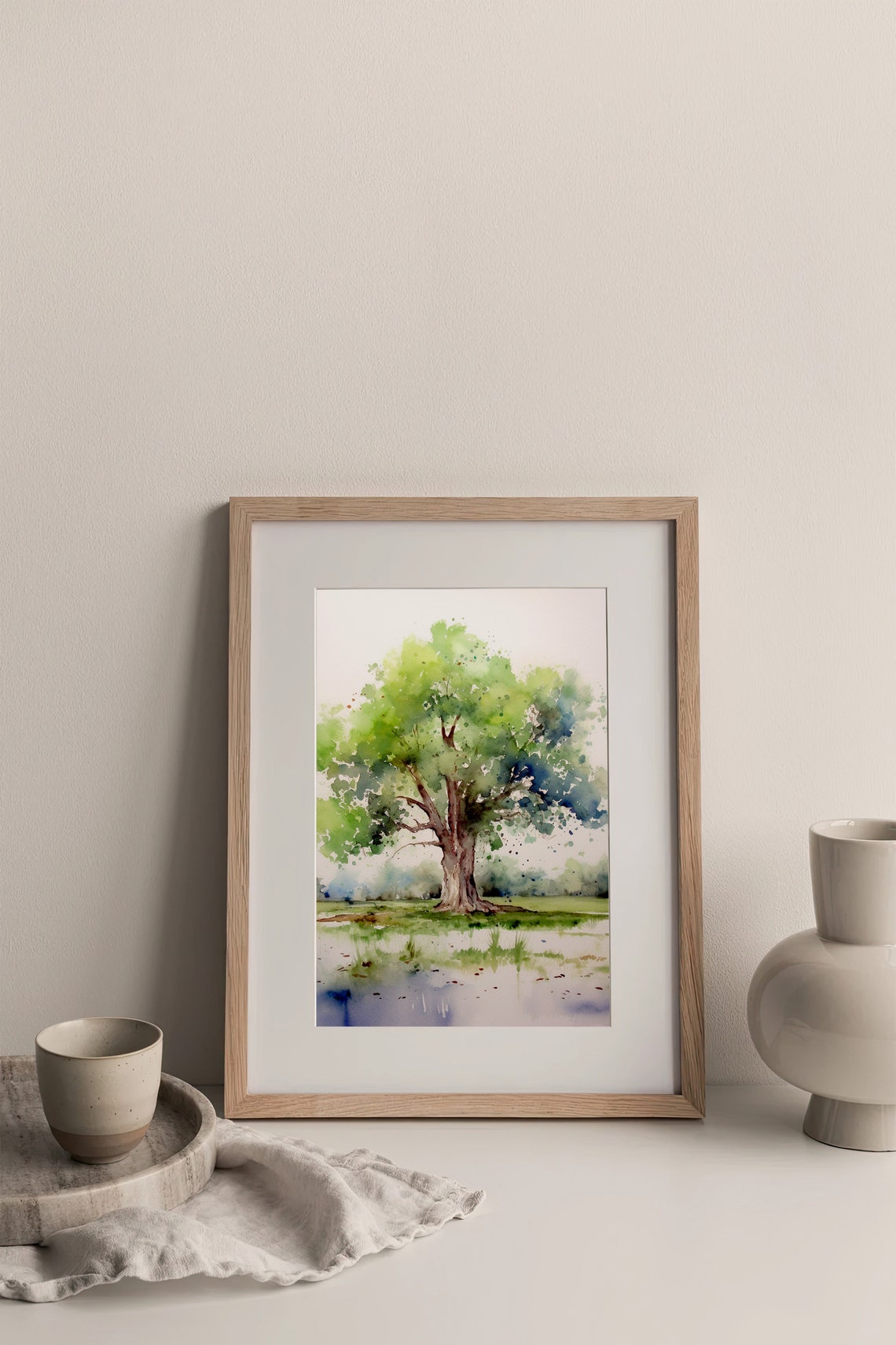 Lone Oak Tree Watercolor Grand Old Tree Meadow Pond Landscape Print - Image 5