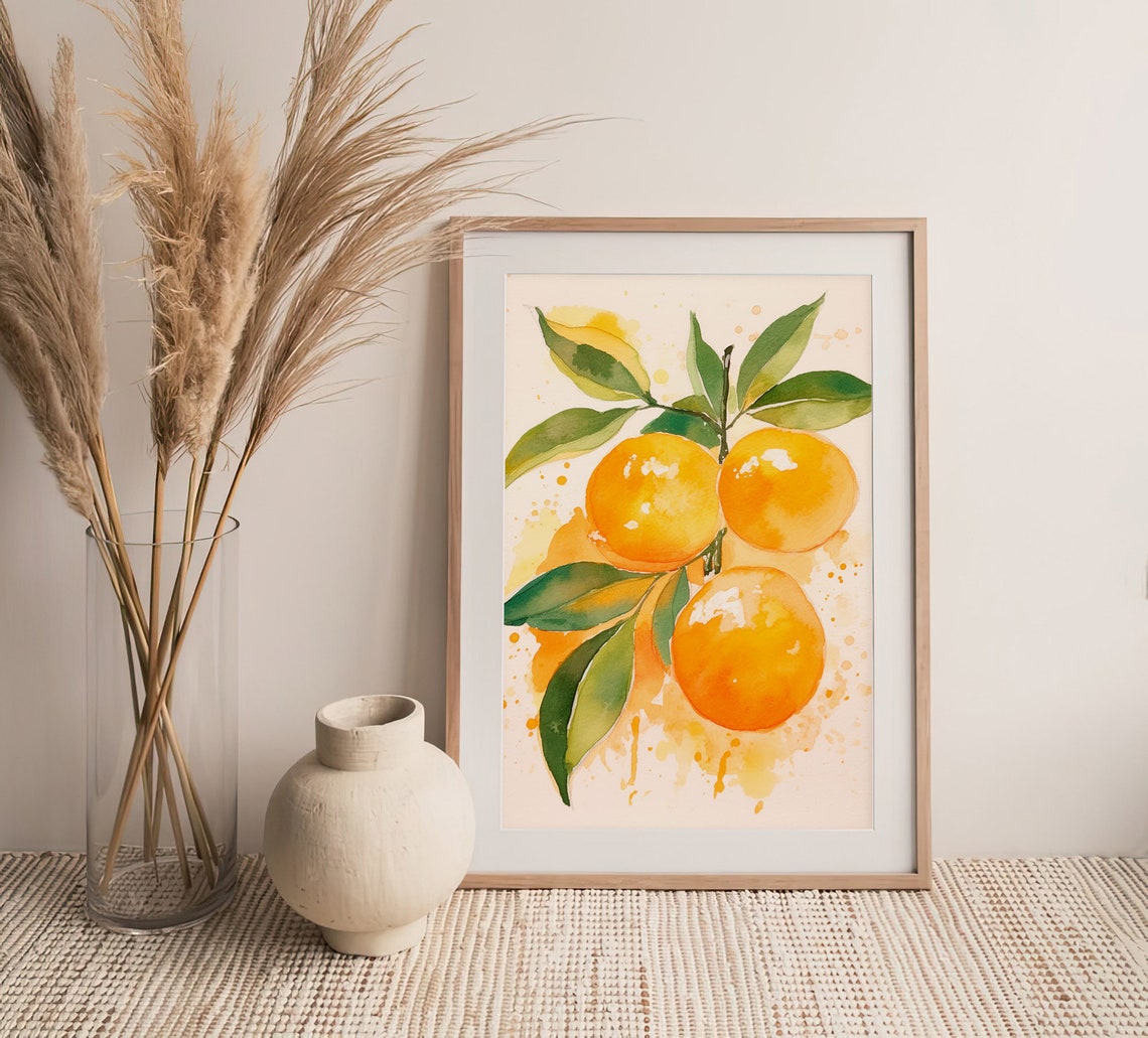 Orange Watercolor Three Citrus Fruits on Leafy Branch Poster - Image 4