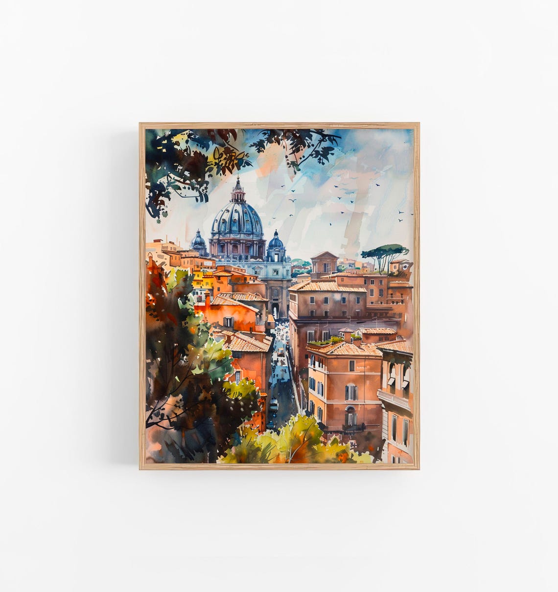 Stunning Rome Italy Saint Peters Dome Rooftops Watercolor Poster