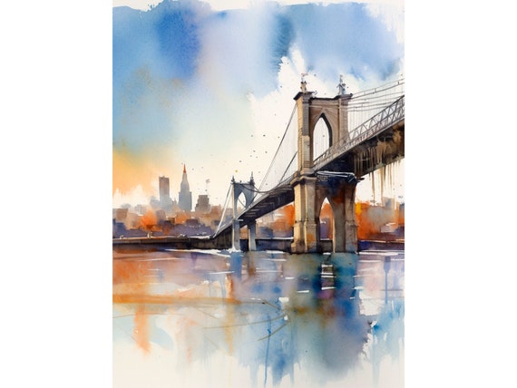 Brooklyn Bridge Watercolor Art Print, New York City