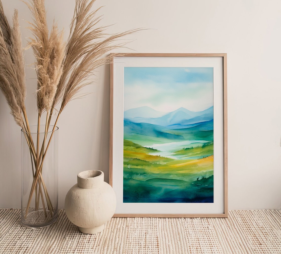 Misty Green Hills Watercolor Abstract Landscape Rolling Meadows Print - Image 2
