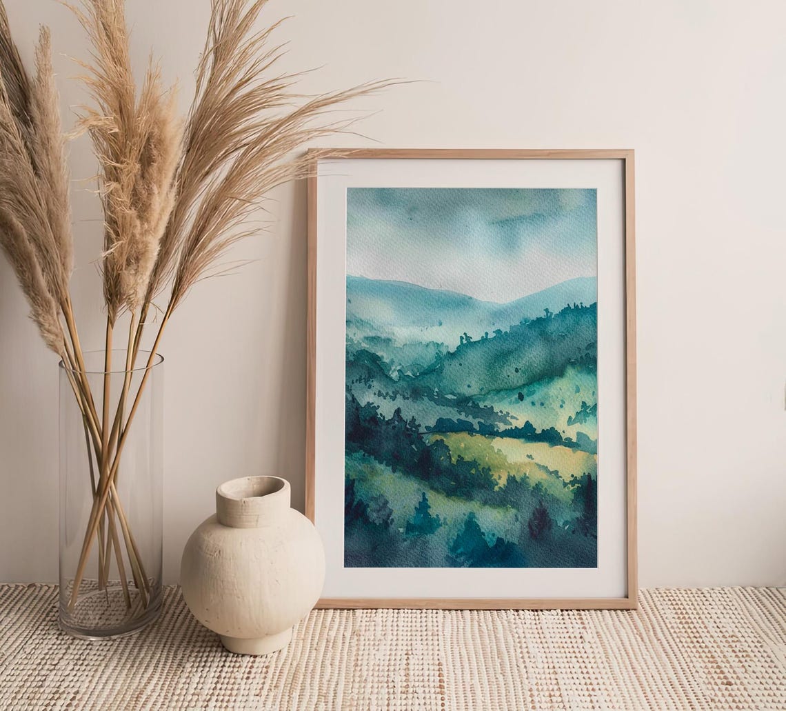 Misty Teal Mountain Valley Watercolor Rocky Peaks Landscape Poster - Image 4