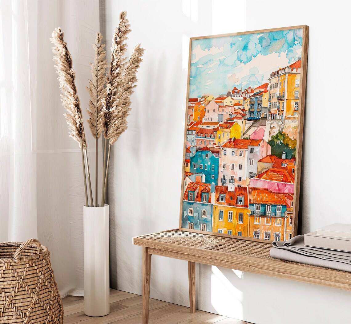 Lisbon Colorful Hillside Houses Watercolor Portugal Travel Poster - Image 2