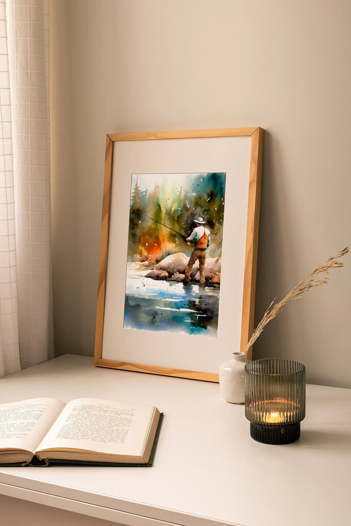 Fly Fisherman Watercolor Casting Rod on Mountain River Poster - Image 4