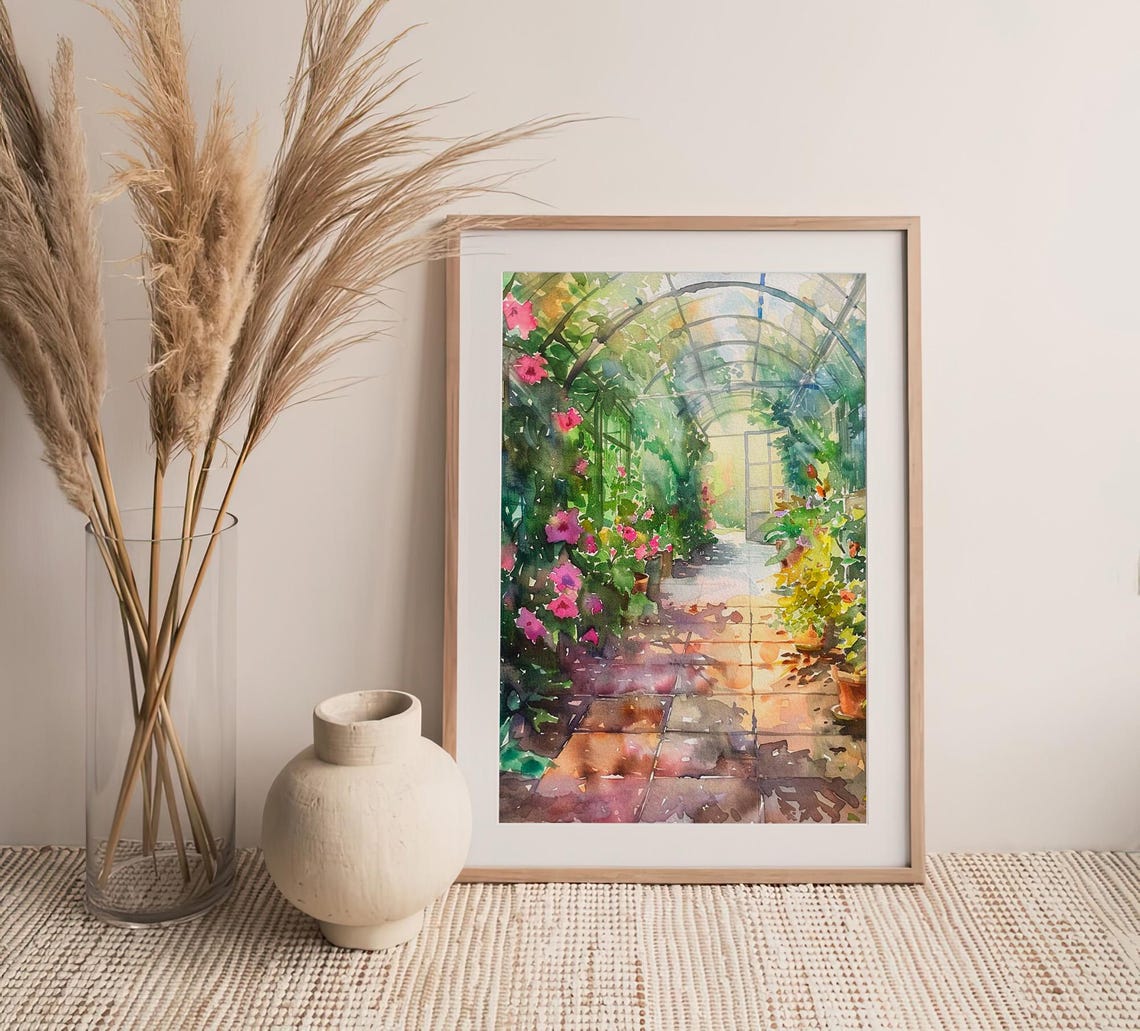 Greenhouse Watercolor Sunlit Conservatory Pink Flowers Garden Poster - Image 4
