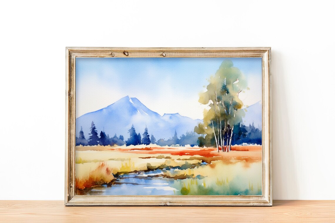 Sawtooth Idaho Mountain Meadow Stream Watercolor Landscape Poster