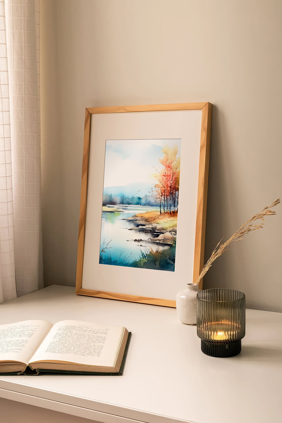Stunning Autumn Vermont Lake Birch Trees Tranquil Watercolor Poster - Image 5