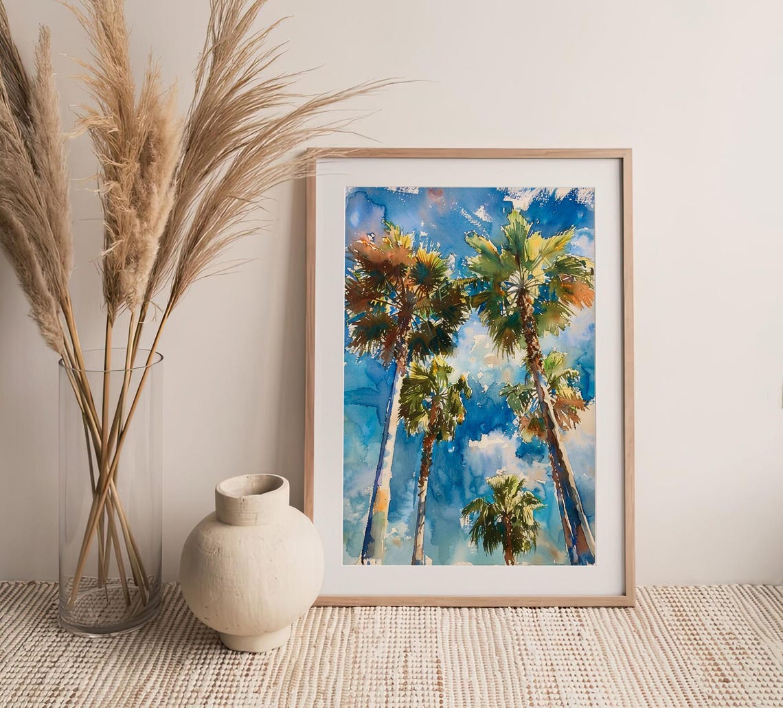 Palm Trees Reaching Into Bright Blue Sky Tropical Watercolor Poster - Image 3