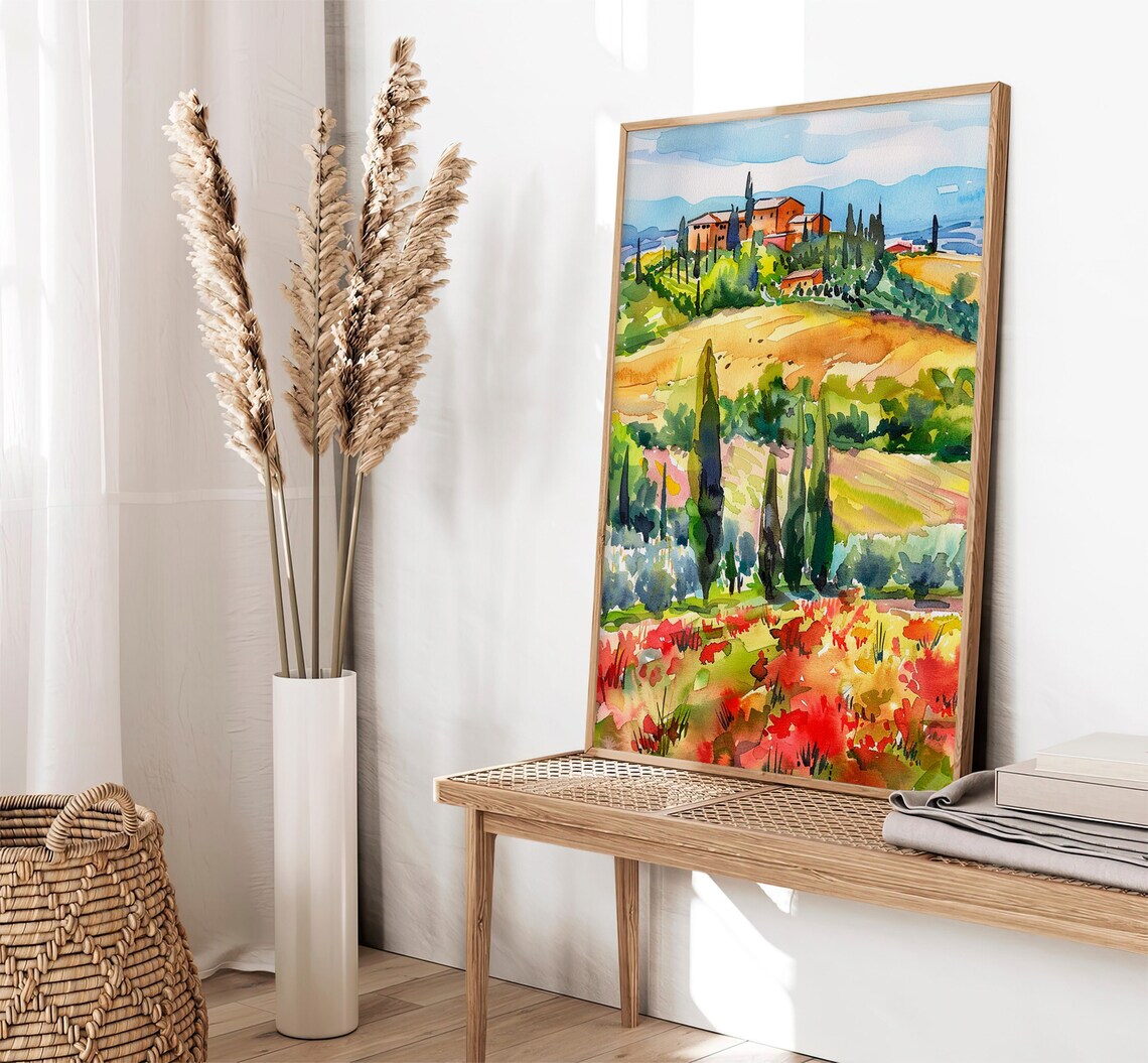 Tuscany Hilltop Villa Red Poppy Field Watercolor Italian Poster - Image 3