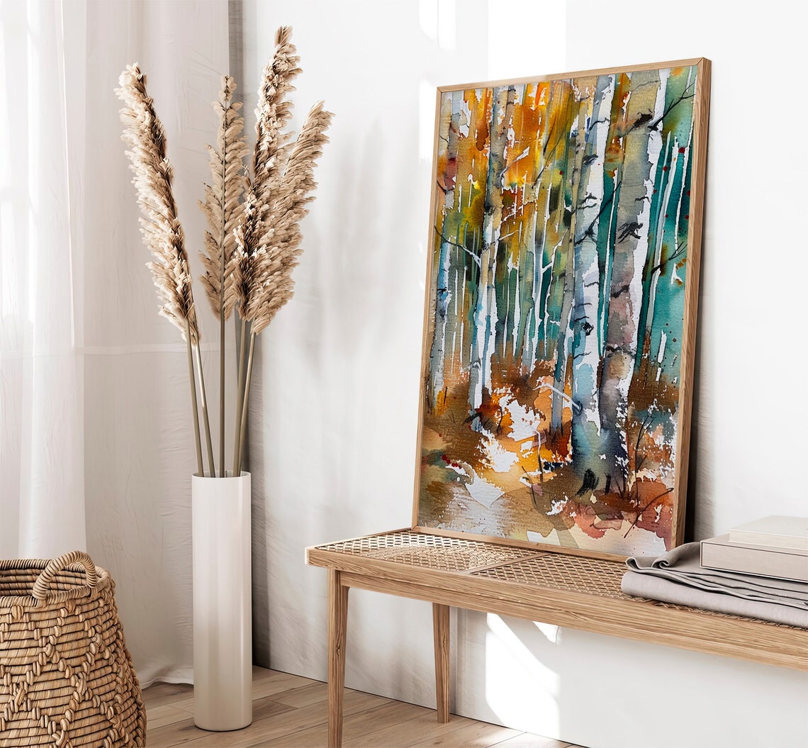 Birch Forest Watercolor Autumn White Trunks Golden Leaves Art Print - Image 3