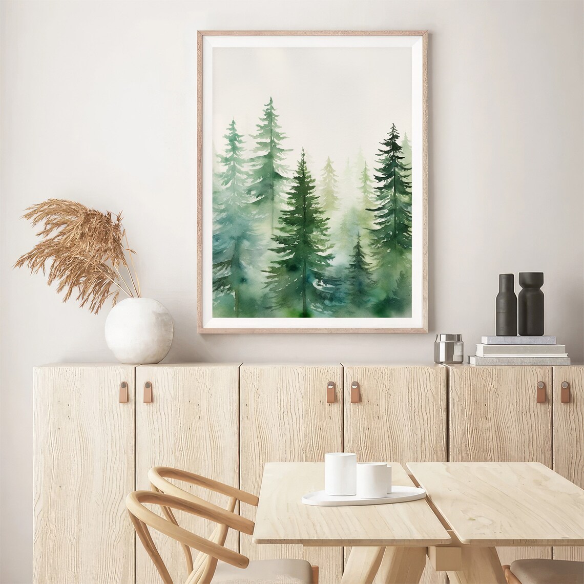 Misty Evergreen Pine Forest Fog Watercolor Nature Landscape Poster - Image 5