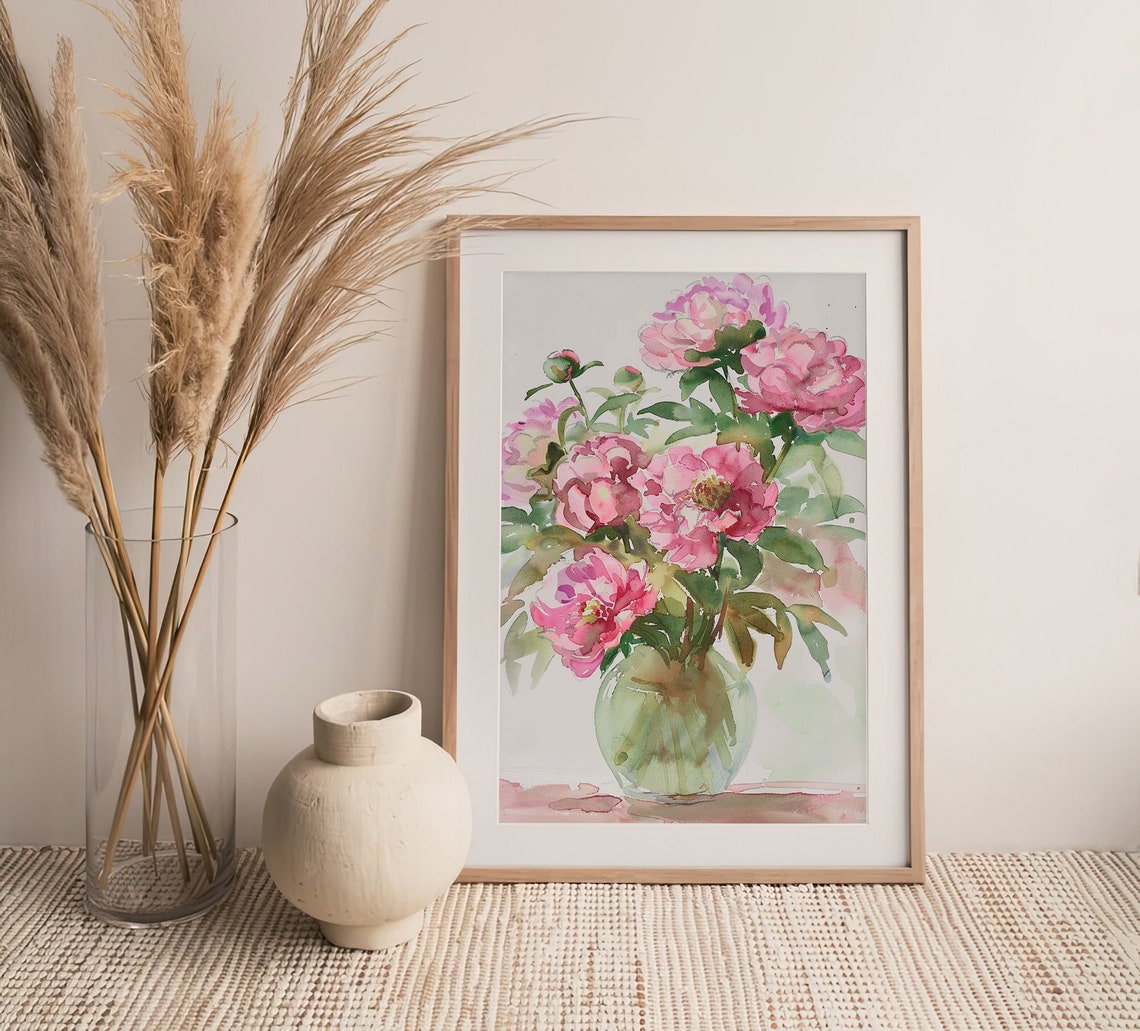 Pink Peonies Watercolor Floral Bouquet In Vase Spring Art Print - Image 2