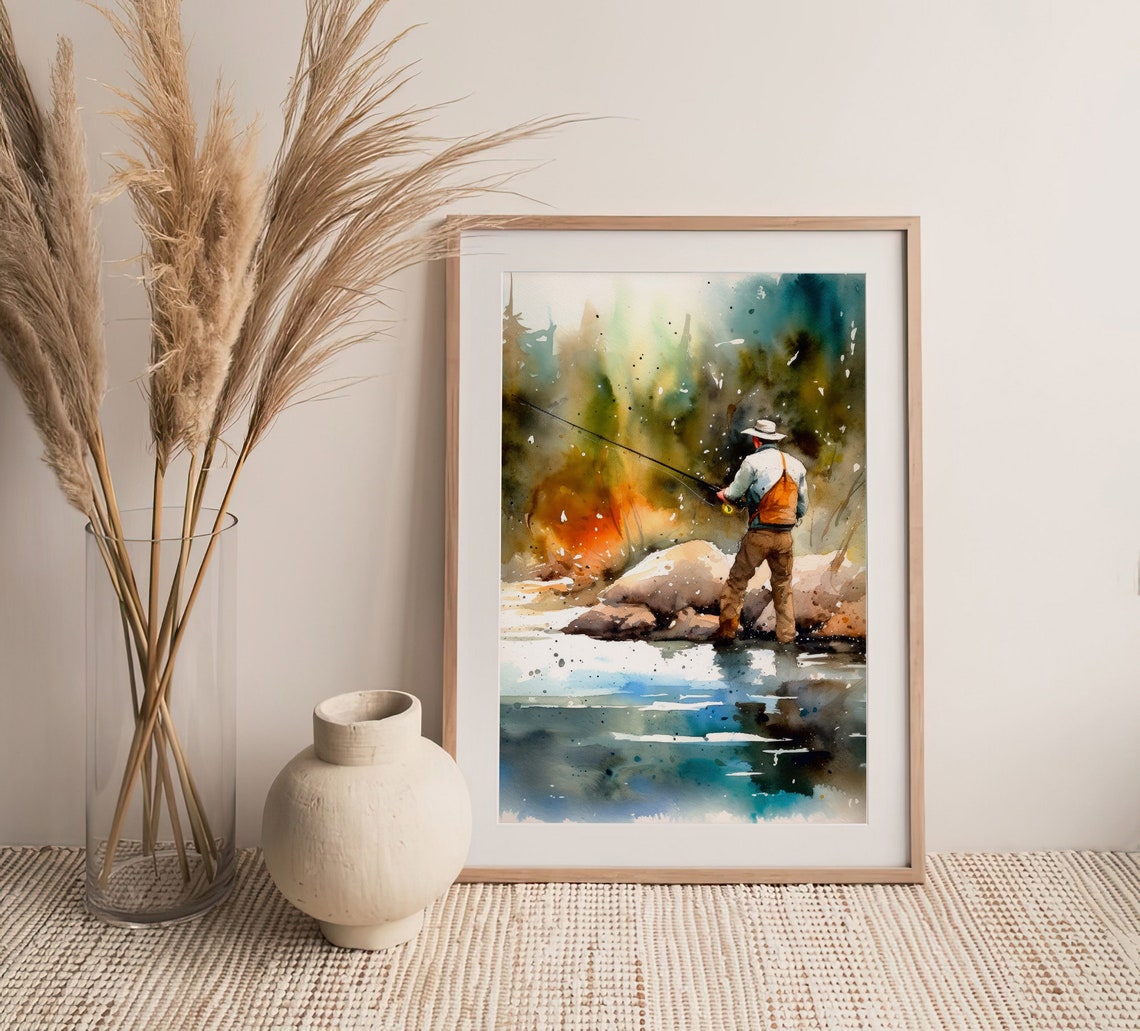 Fly Fisherman Watercolor Casting Rod on Mountain River Poster - Image 5