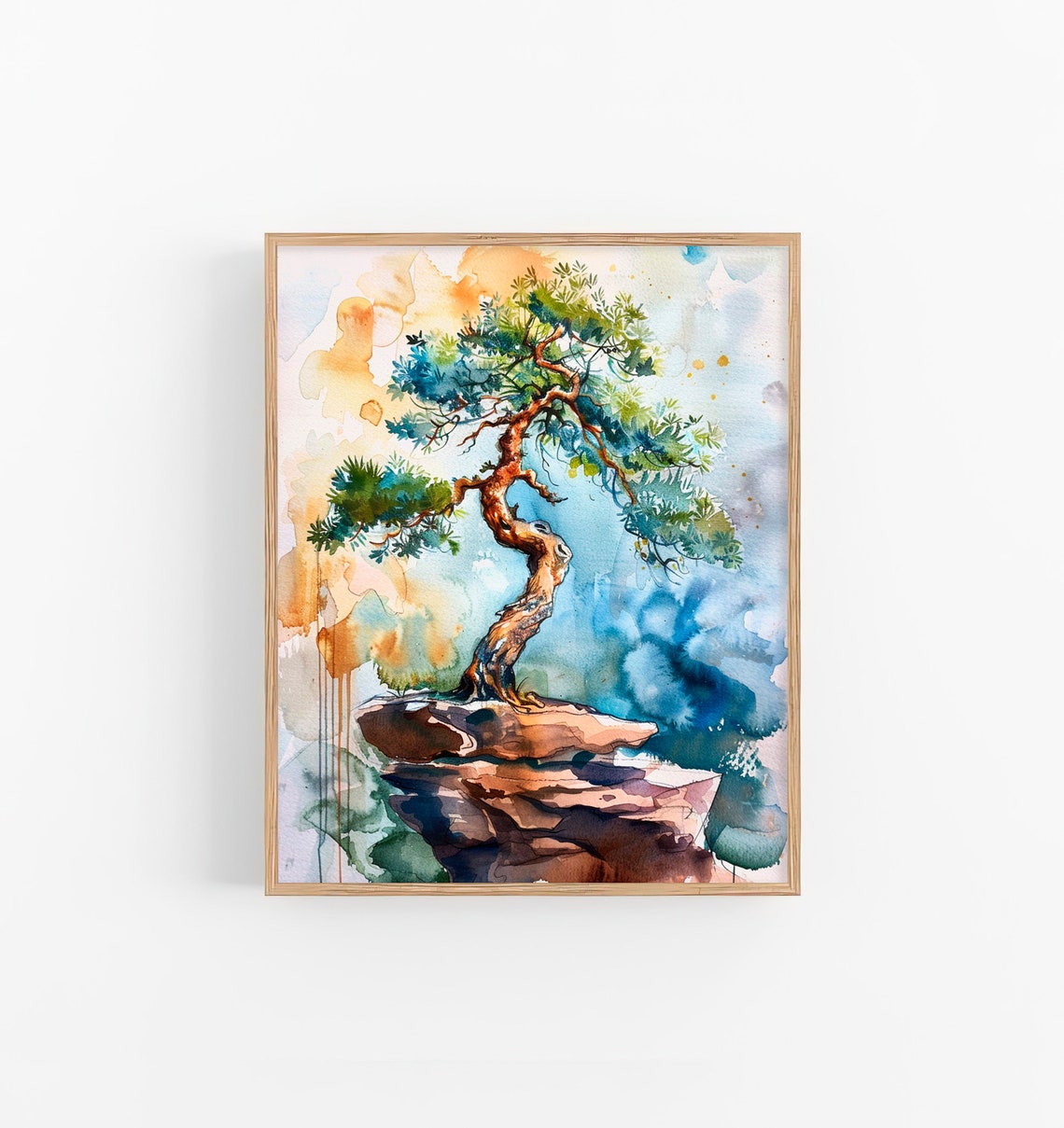 Bonsai Pine Tree On Rocky Perch Zen Watercolor Botanical Art Poster
