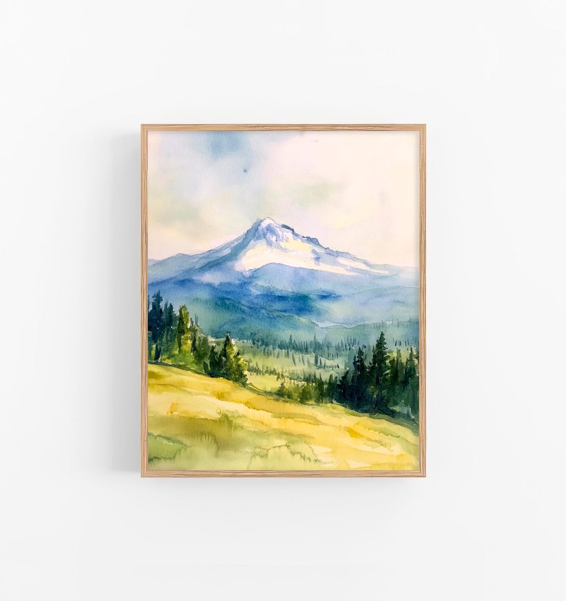 Mount Hood Watercolor Snow Capped Peak Oregon Meadow Pines Poster