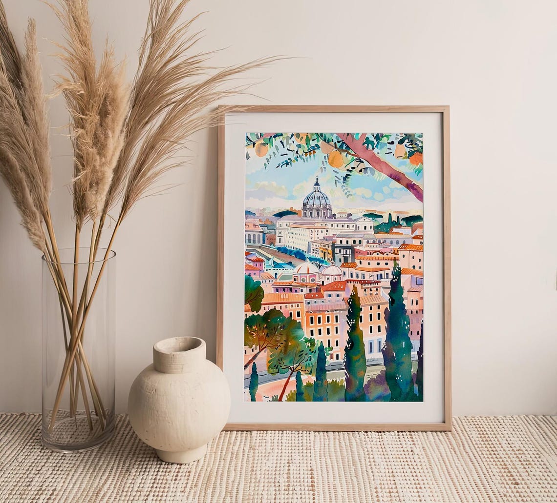 Rome Cityscape St Peter Basilica Dome Watercolor Italian Poster - Image 4
