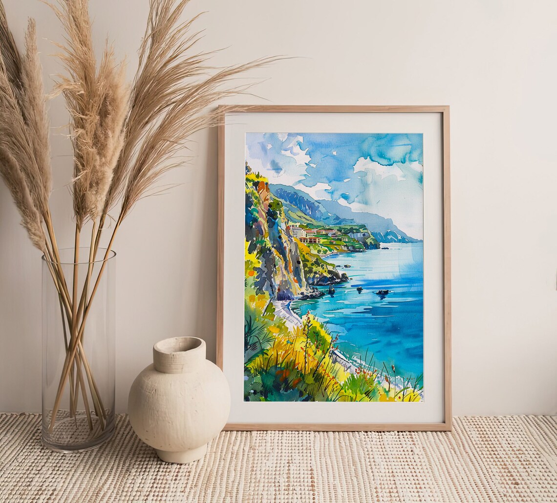 Calabria Italy Rocky Cliffs Turquoise Sea Watercolor View Poster - Image 3