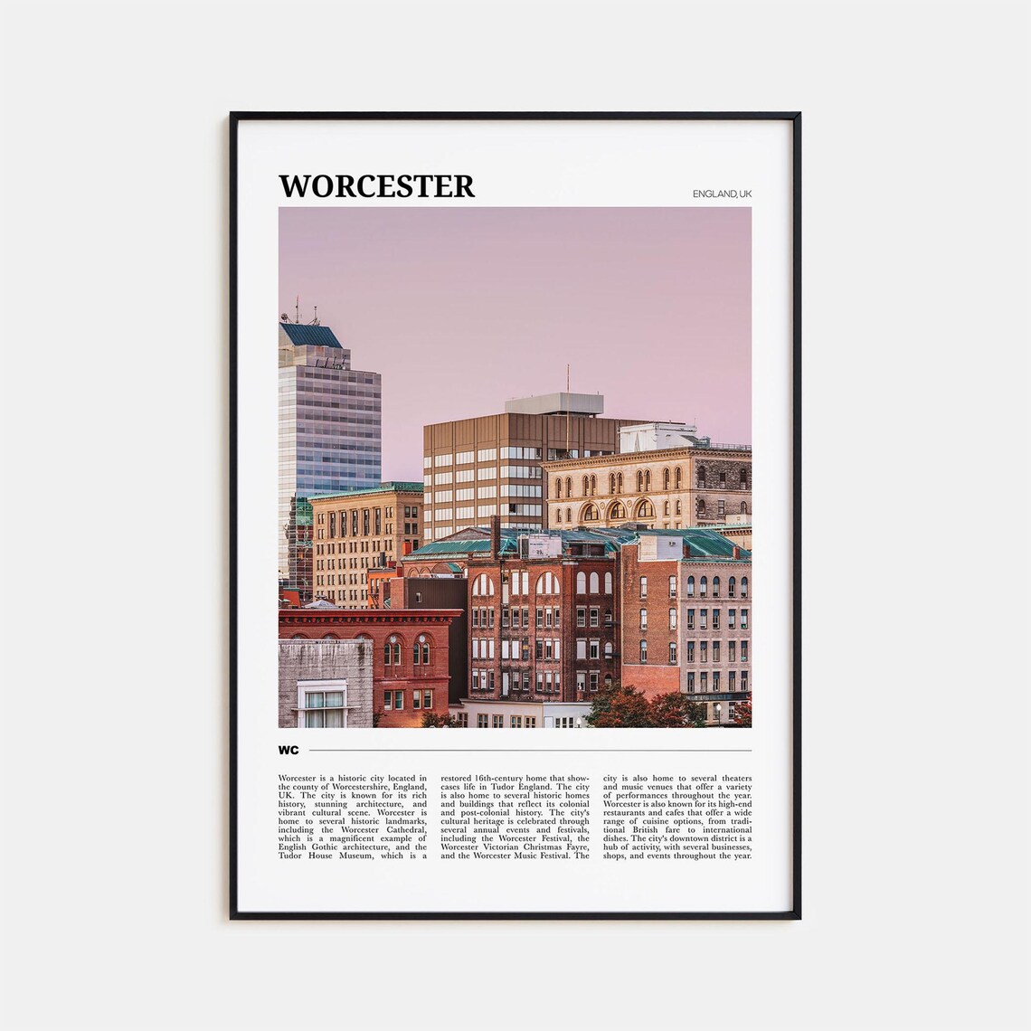 Worcester England UK Historic City Skyline Dusk Photo Travel Poster