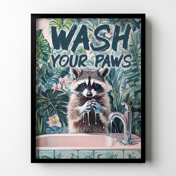 Wash Your Paws Raccoon Bathroom Wall Decor Funny Raccoon Wall Art Tropical Plant Botanical Toilet Sign Poster