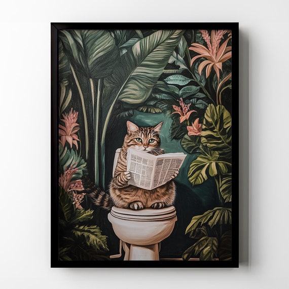 Cat Toilet Bathroom Wall Decor Funny Cat Wall Art Tropical Plants Botanical Bathroom Toilet Restroom