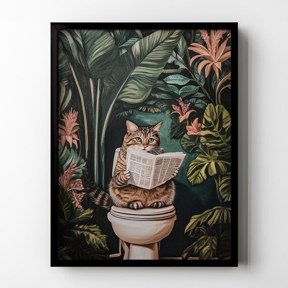 Curious Tabby Cat on Toilet With Newspaper Dark Botanical Poster