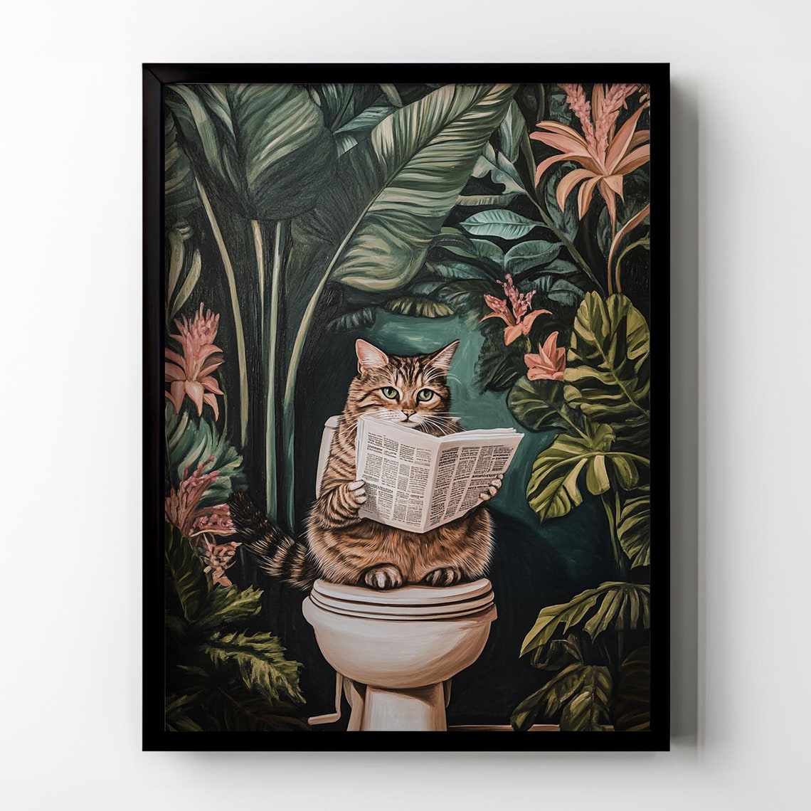 Cat Toilet Bathroom Wall Decor Funny Cat Wall Art Tropical Plants Botanical Bathroom Toilet Restroom