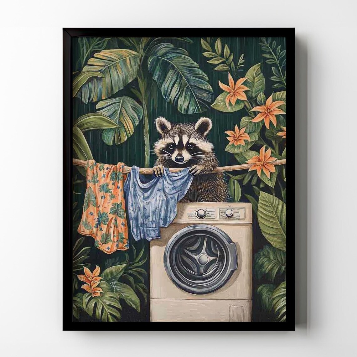 Raccoon Laundry Room Poster Print, Vintage Botanical