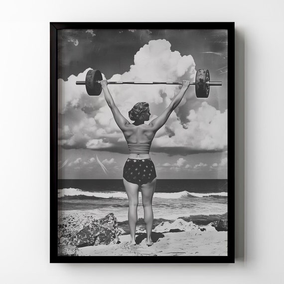 Strong Woman Weightlifting Art Print, Vintage Photo