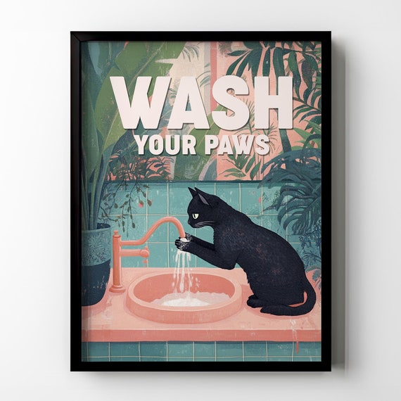 Wash Your Paws Cat Bathroom Poster Print Funny Cat Lover Wall Decor Vintage Houseplants Botanical Restroom Toilet Wall Art Sign Matte Poster