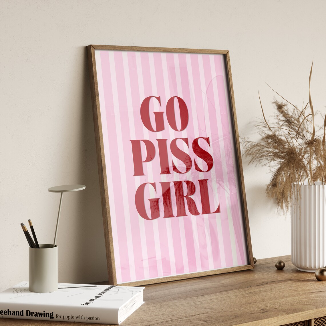 Go Piss Girl Funny Red and Pink Striped Bathroom Quote Poster - Image 2