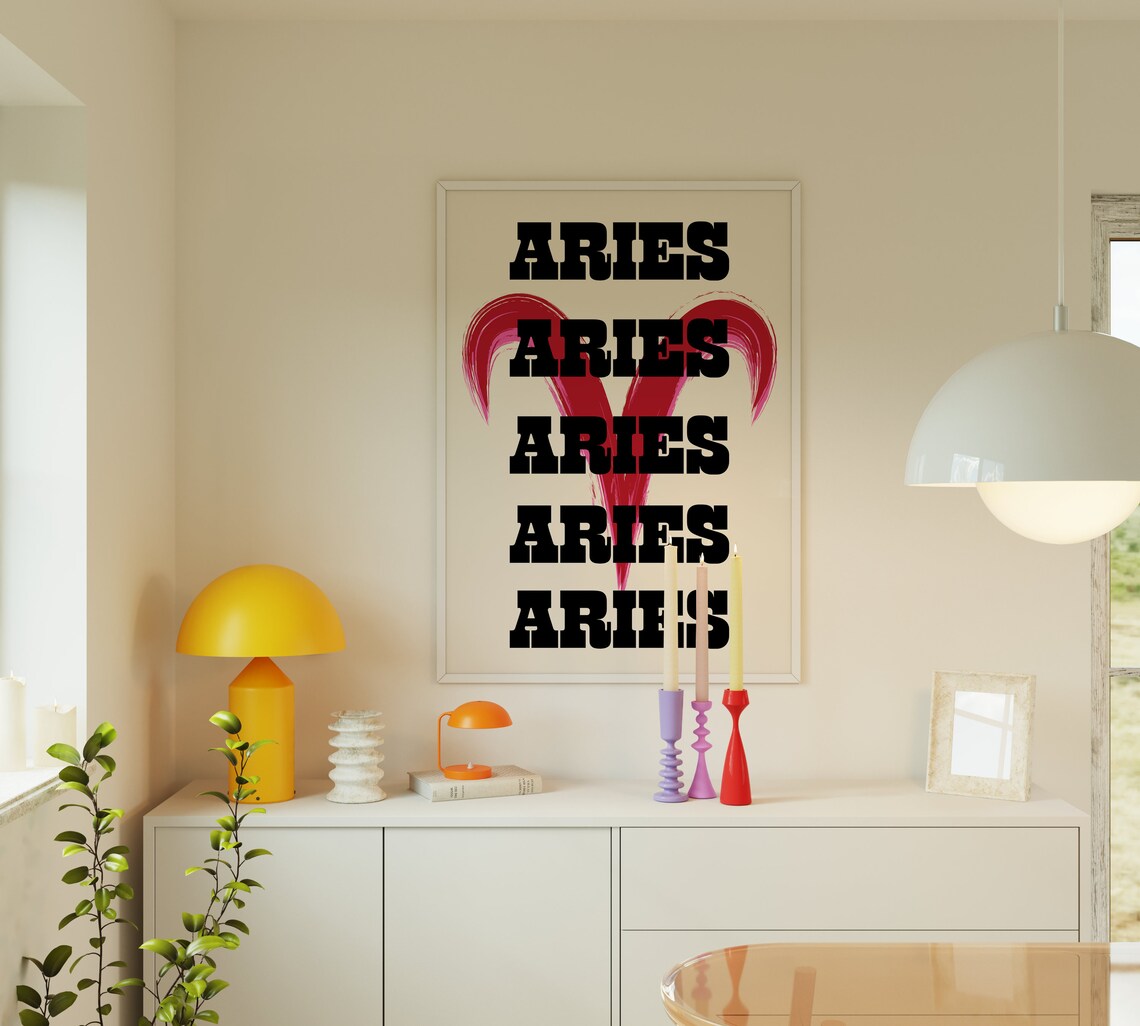 Aries Retro Western Typography Red Zodiac Star Sign Birthday Wall Poster - Image 3